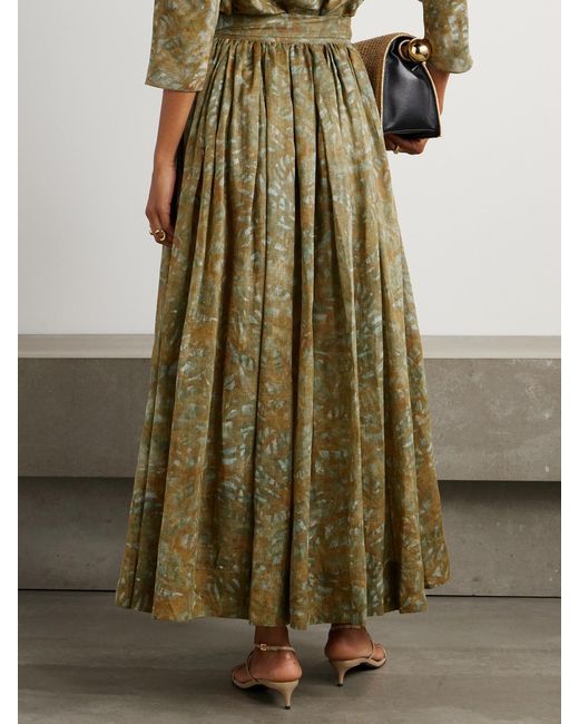Cortana Green Lil Pleated Printed Ramie Maxi Skirt