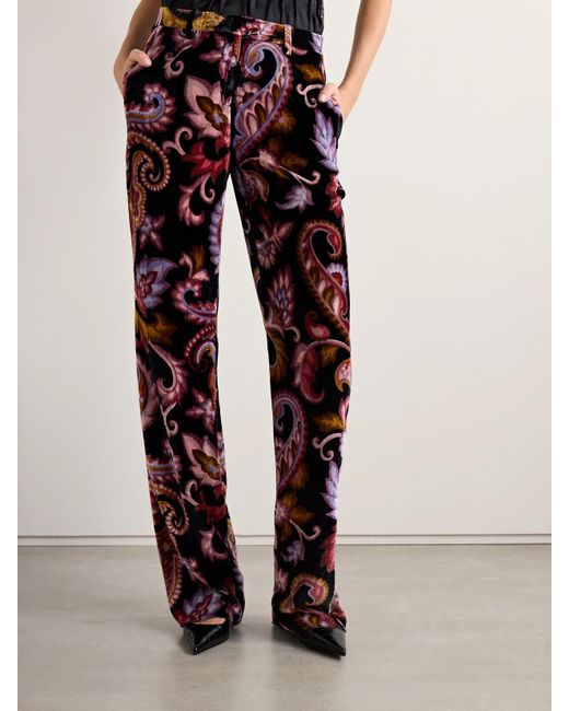 Etro Black Paisley-Print Velvet Straight-Leg Pants