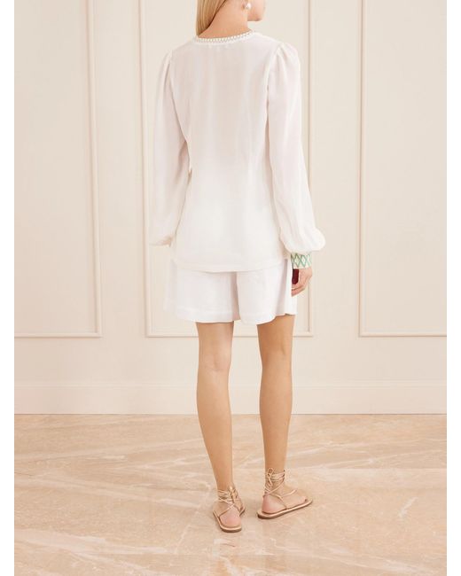 Emporio Sirenuse White Vera Embroidered Silk-Crepe Blouse