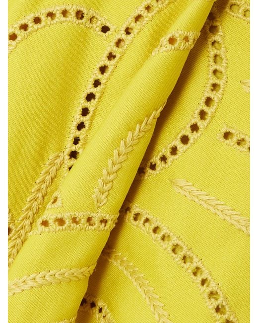 Elie Saab Yellow Belted Pleated Embroidered Cotton-Blend Twill Gown