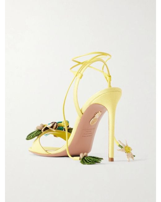 Aquazzura Metallic Birdsong 105 Leather-Trimmed Raffia Sandals