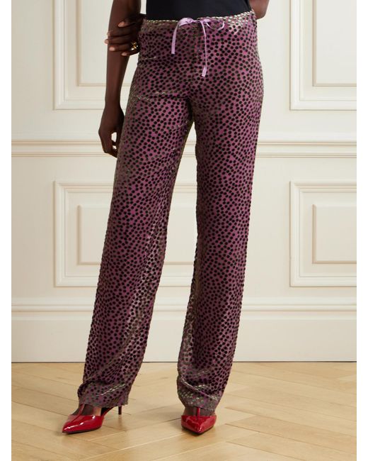 Dries Van Noten Purple Polka-Dot Devoré-Velvet Straight-Leg Pants