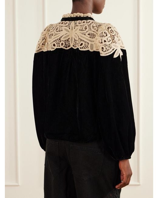 Sea Black Shiloh Bow-Detailed Embroidered Velvet Blouse