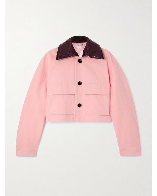 Bottega Veneta Pink Intrecciato Leather-Trimmed Organic Cotton-Twill Jacket