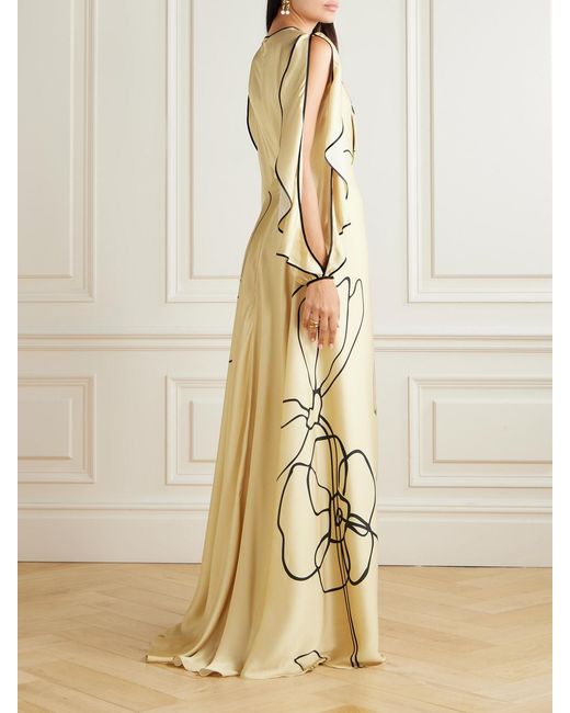 Costarellos Natural Priela Ruffled Cutout Floral-Print Satin Gown