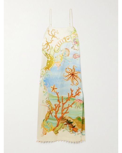 ALÉMAIS Metallic Sam Pauletto Emerald Cove Embellished Printed Hemp And Silk-Blend Midi Dress