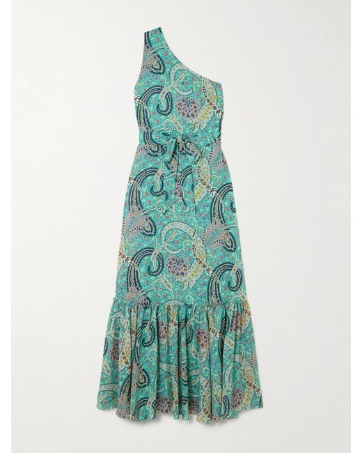 Etro Green One-Shoulder Belted Printed Satin-Jacquard Maxi Dress