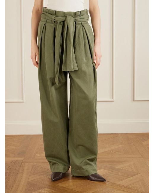 Balmain Green Belted Pleated Cotton And Linen-Blend Twill Tapered Pants