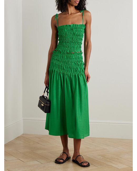 Tory Burch Green Smocked Lyocell-Blend Top