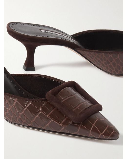 Manolo Blahnik Natural Maysalebi 50 Suede-Trimmed Croc-Effect Leather Mules