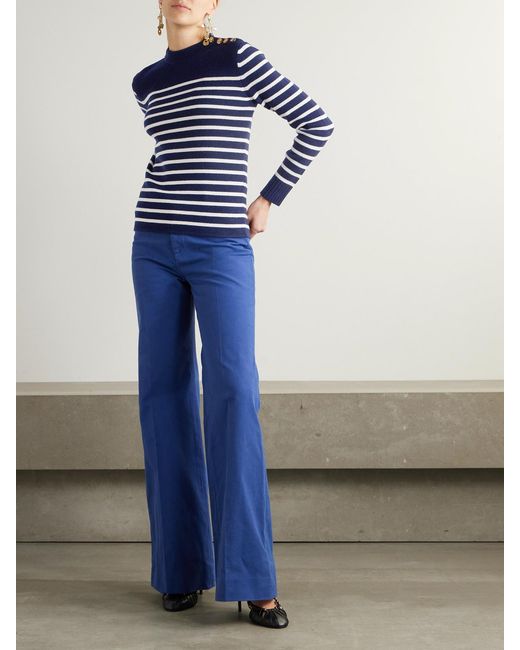 Chloé Blue Button-Embellished Striped Wool And Cashmere-Blend Sweater
