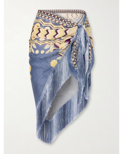 Anna Sui Blue Pueblo Deco Fringe-Trimmed Printed Lyocell-Blend Pareo