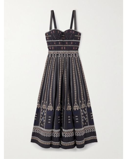 Emporio Sirenuse White Elida Calliope Pleated Embroidered Cotton-Blend Poplin Midi Dress