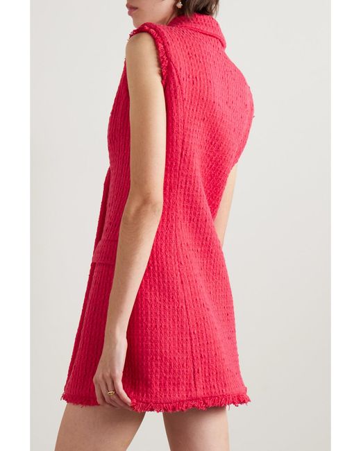 Oscar de la Renta Pink Button-Embellished Frayed Wool-Blend Tweed Mini Dress