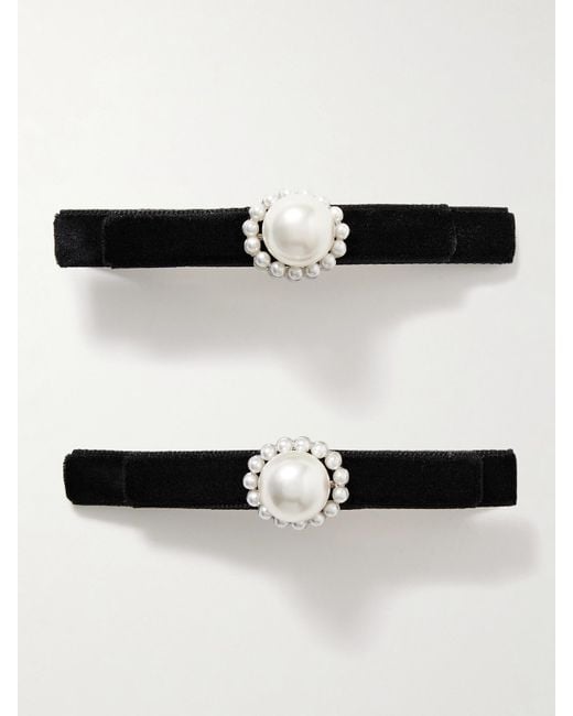 Jennifer Behr Black Minetta Set Aus Zwei Haarspangen Aus Samt Mit Kunstperlen Und Versilberten Details