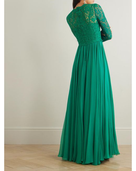 Dolce & Gabbana Green Silk-Blend Lace And Pleated Chiffon Gown