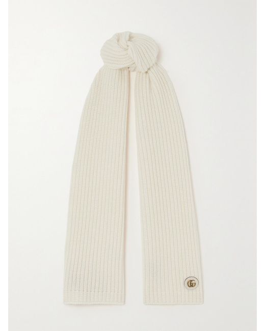 Gucci White Embellished Leather-Trimmed Ribbed Wool And Cashmere-Blend Scarf