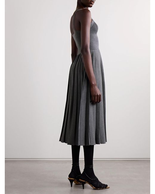 Khaite Gray Elio Pleated Pointelle-Trimmed Wool-Blend Midi Dress