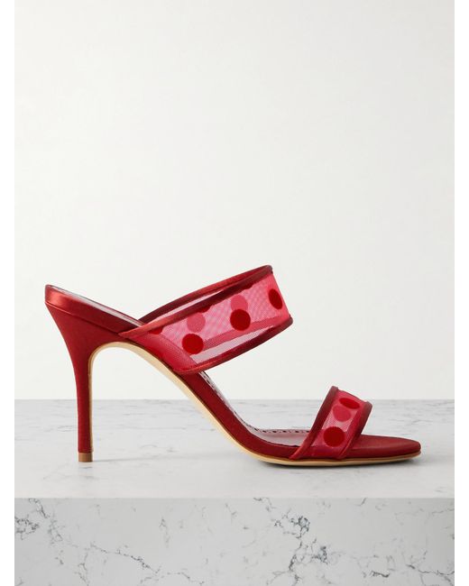 Manolo Blahnik Red Scolobi 90 Satin-Trimmed Flocked Mesh Sandals