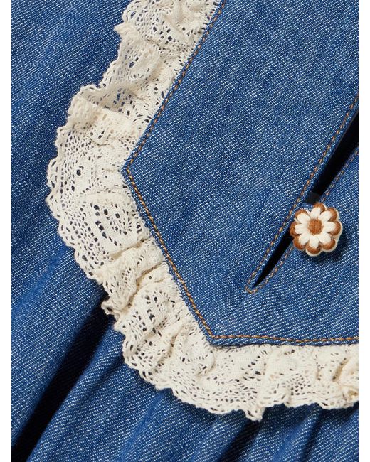 Zimmermann Blue Awaken Belted Lace-Trimmed Denim Mini Dress