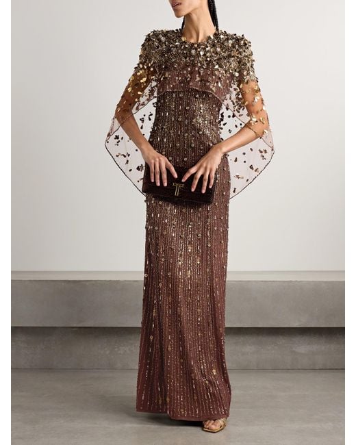 Jenny Packham Brown Nettie Cape-Effect Embellished Sequined Tulle Gown