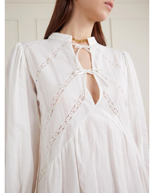 Loretta Caponi White Recanati Ruffled Pleated Lace-Trimmed Cotton Mini Dress