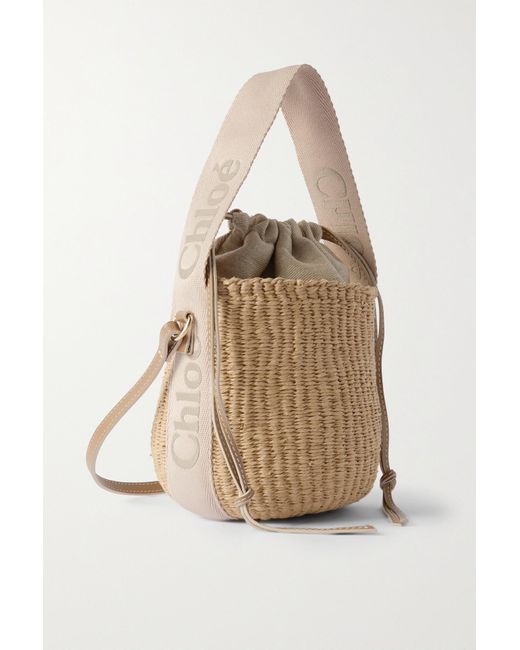 Chloé Natural Woody Small Leather-trimmed Raffia Basket Bag