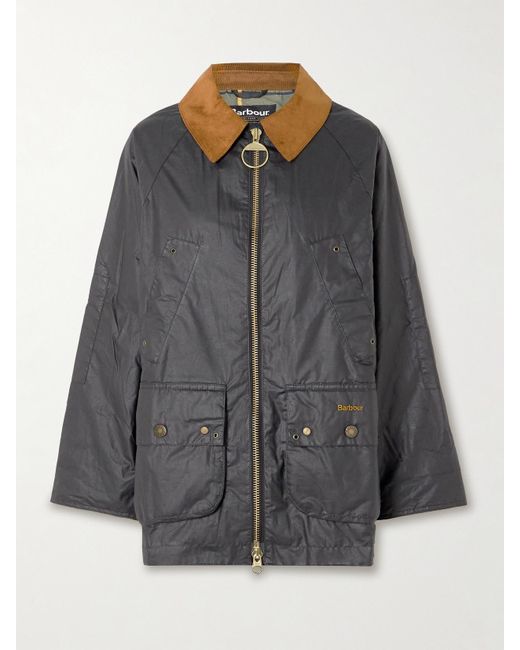 Barbour Gray Raelynn Corduroy-Trimmed Waxed-Cotton Jacket