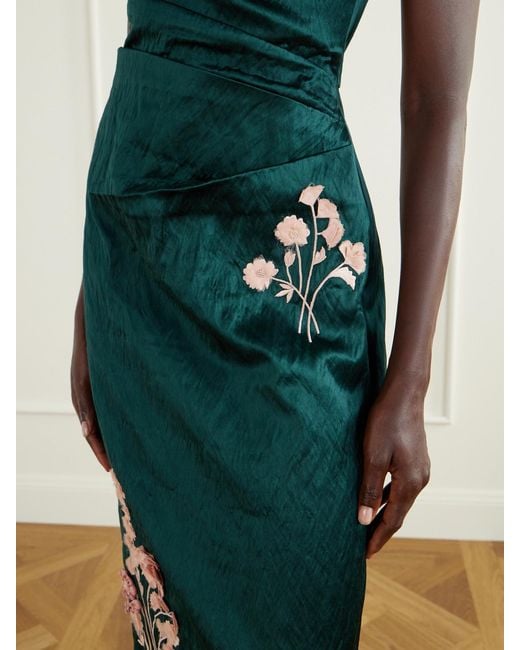 Erdem Green Floral-Embroidered Satin Midi Dress