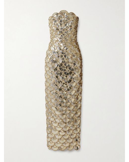 Oscar de la Renta Metallic Strapless Scalloped Embellished Tulle Gown