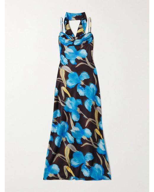Rebecca Vallance Blue Ingrid Robe Aus Bedrucktem Satin Mit Raffungen