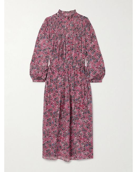 Isabel Marant Pink Dalida Smocked Printed Cotton-Blend Voile Midi Dress