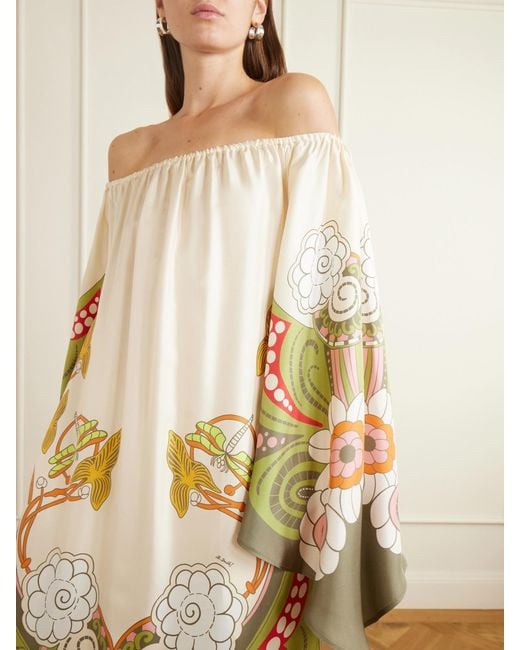 LaDoubleJ Natural Goddess Printed Off-The-Shoulder Silk-Twill Midi Dress