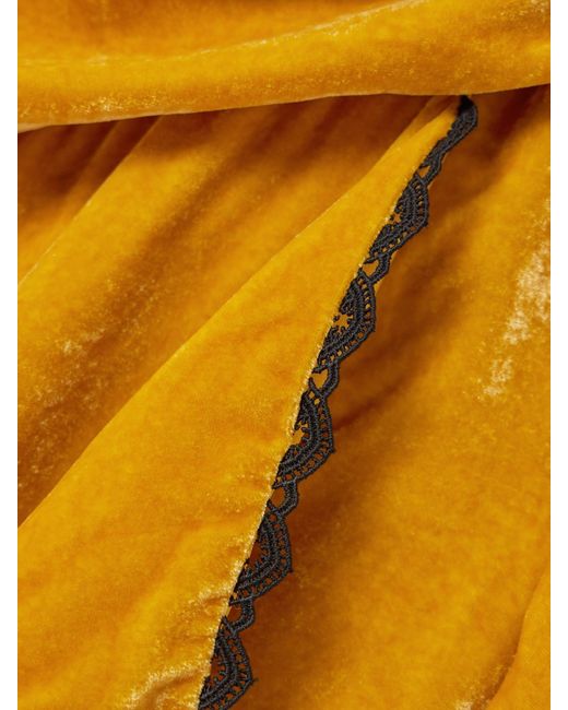 LaDoubleJ Yellow Wrap-Effect Draped Lace-Trimmed Velour Maxi Dress