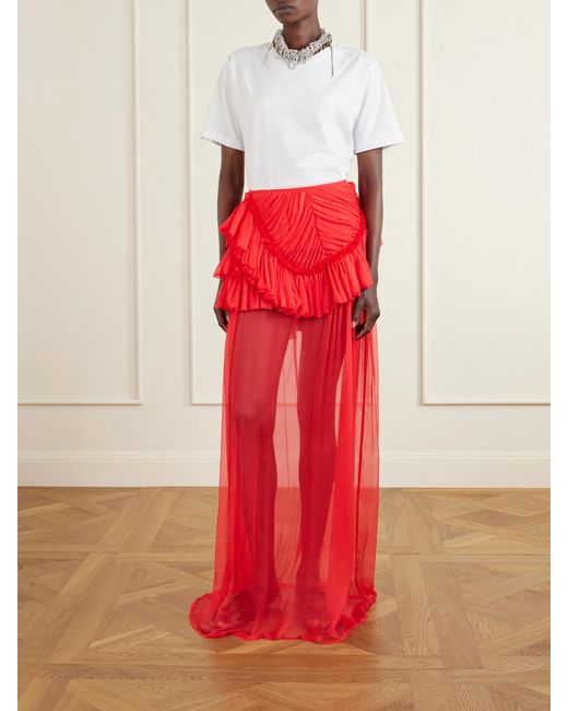 Dries Van Noten Red Shelby Ruffled Silk-Chiffon Maxi Skirt