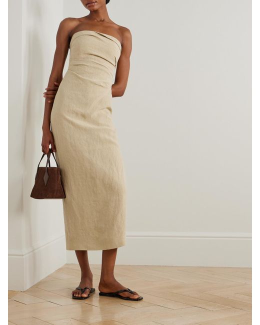 TOVE Natural Sabella Strapless Gathered Linen Midi Dress