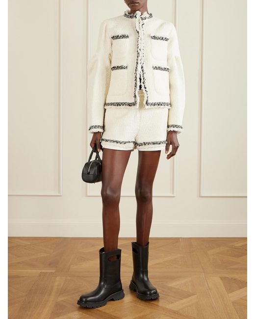 Sacai White Canvas-Trimmed Bouclé-Tweed Shorts