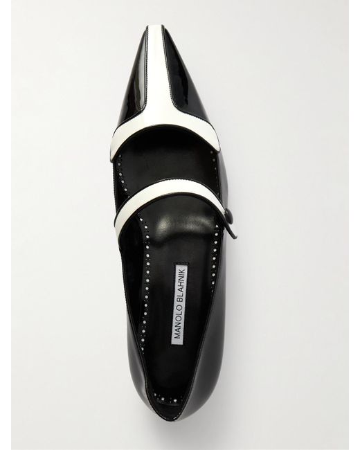 Manolo Blahnik Black Ganeus Two-Tone Patent-Leather Mary-Jane Point-Toe Flats