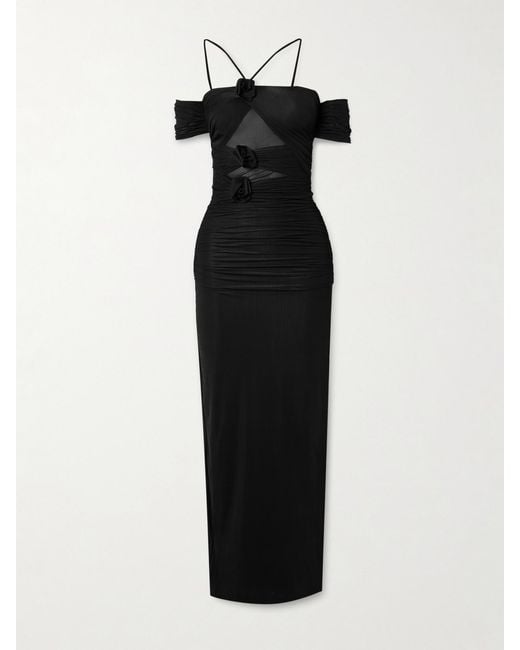 Maygel Coronel Black Abisso Appliquéd Cutout Ruched Stretch-Jersey Maxi Dress