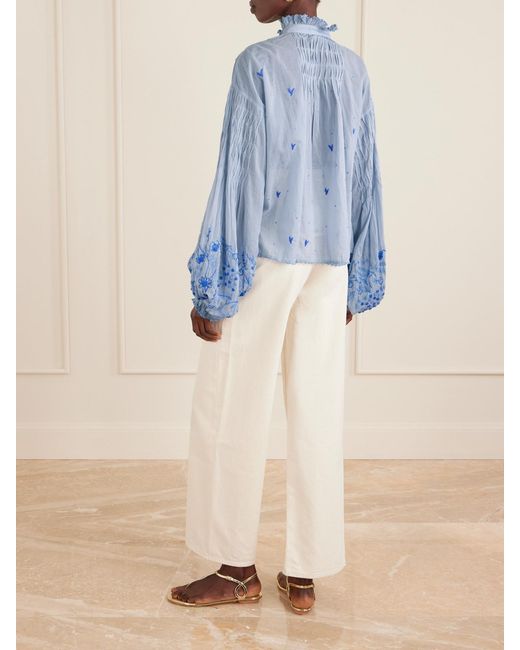 Thierry Colson Blue Slava Ruched Pleated Embroidered Cotton-Voile Shirt