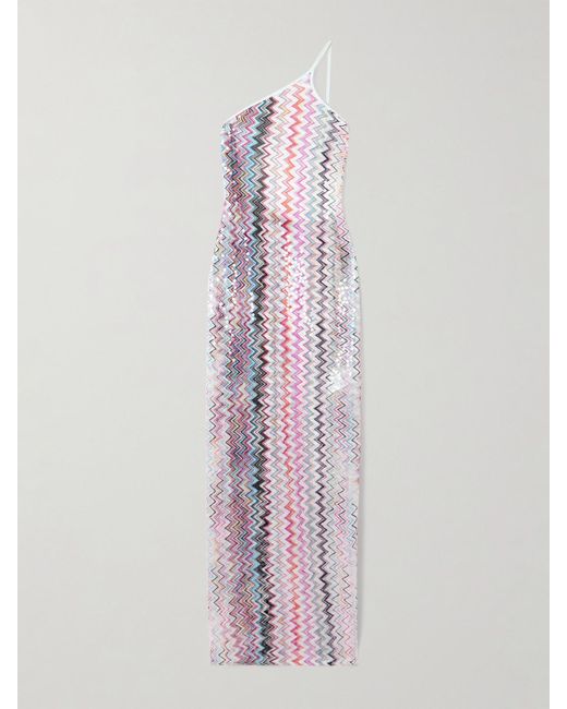 missoni sequin embellished striped crochet knit maxi dress One-shoulder sequin-trimmed striped crochet-knit maxi dress - light blue