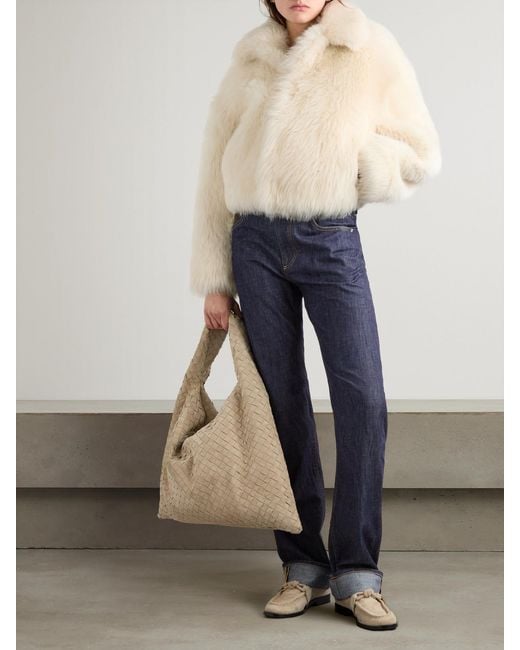 Bottega Veneta Blue Intrecciato Suede-Trimmed Mid-Rise Straight-Leg Jeans