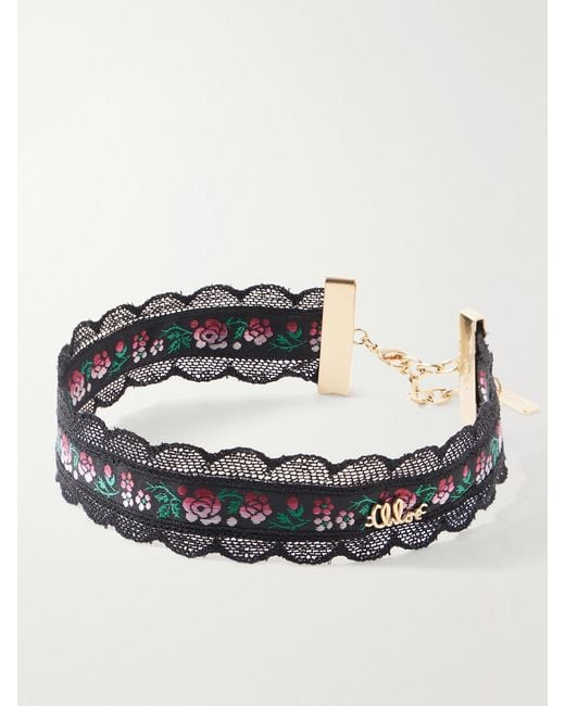 Chloé Black Ribbon Lace-Trimmed Floral-Jacquard-Tone Choker