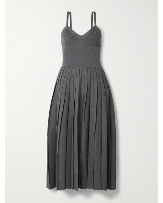 Khaite Gray Elio Pleated Pointelle-Trimmed Wool-Blend Midi Dress