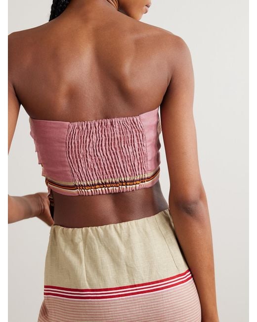 Faithfull The Brand Pink Ebbe Bandeau-Oberteil Aus Gestreiftem Leinen Mit Raffungen