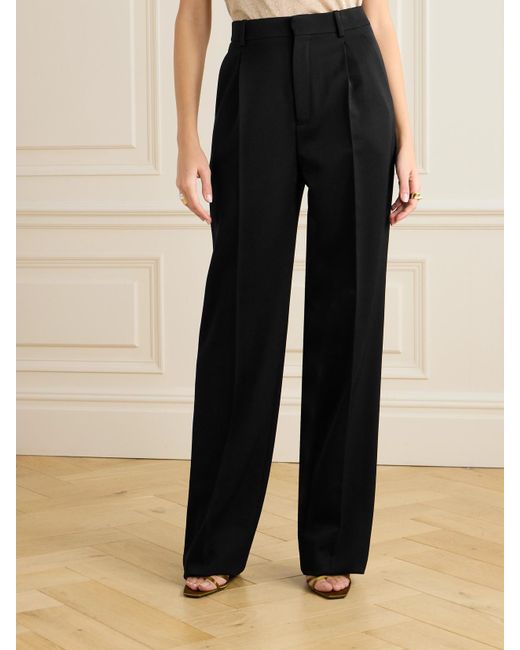 Saint Laurent Black Pleated Grain De Poudre Wool Straight-Leg Pants