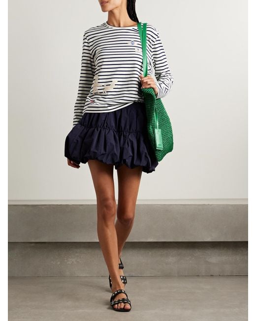 Sea Blue Athena Appliquéd Embroidered Striped Cotton-Jersey T-Shirt