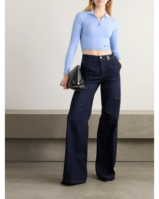 Dolce & Gabbana Blue Embellished Ribbed-Knit Polo Shirt