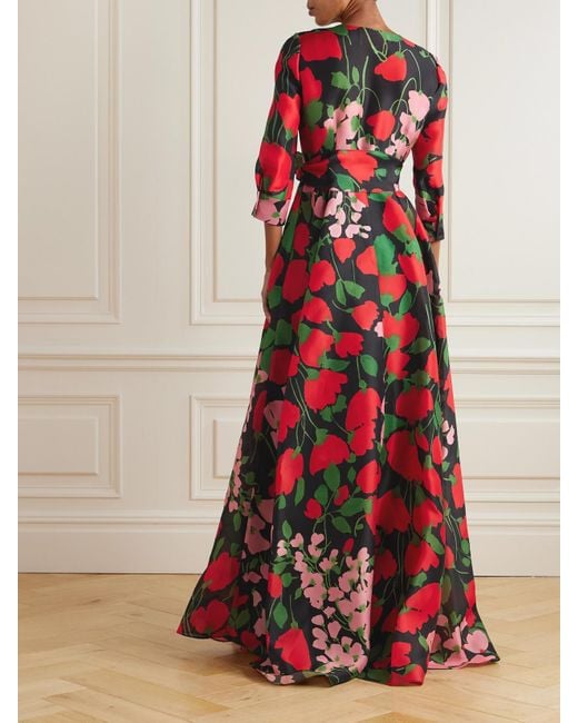 Carolina Herrera Red Belted Floral-Print Silk-Gazar Gown