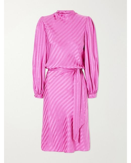 Valentino Garavani Pink Logo-Jacquard Belted Striped Silk-Satin Midi Dress